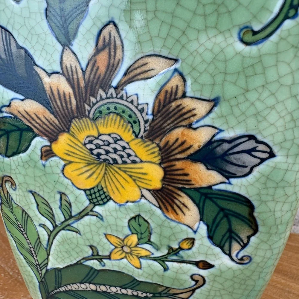 Formalities by Baum Bros Imperial Peony Crackle Vase 11in Sage Green Chinoiserie